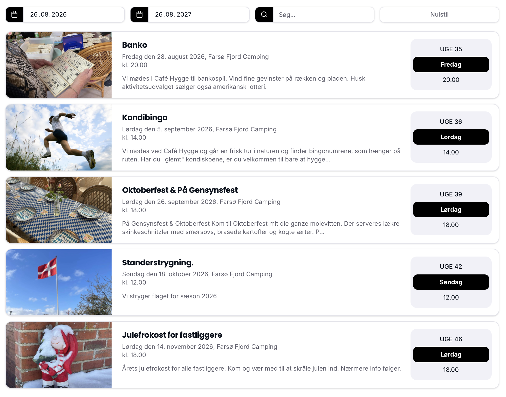 Kalender preview indlejret på en hjemmeside
