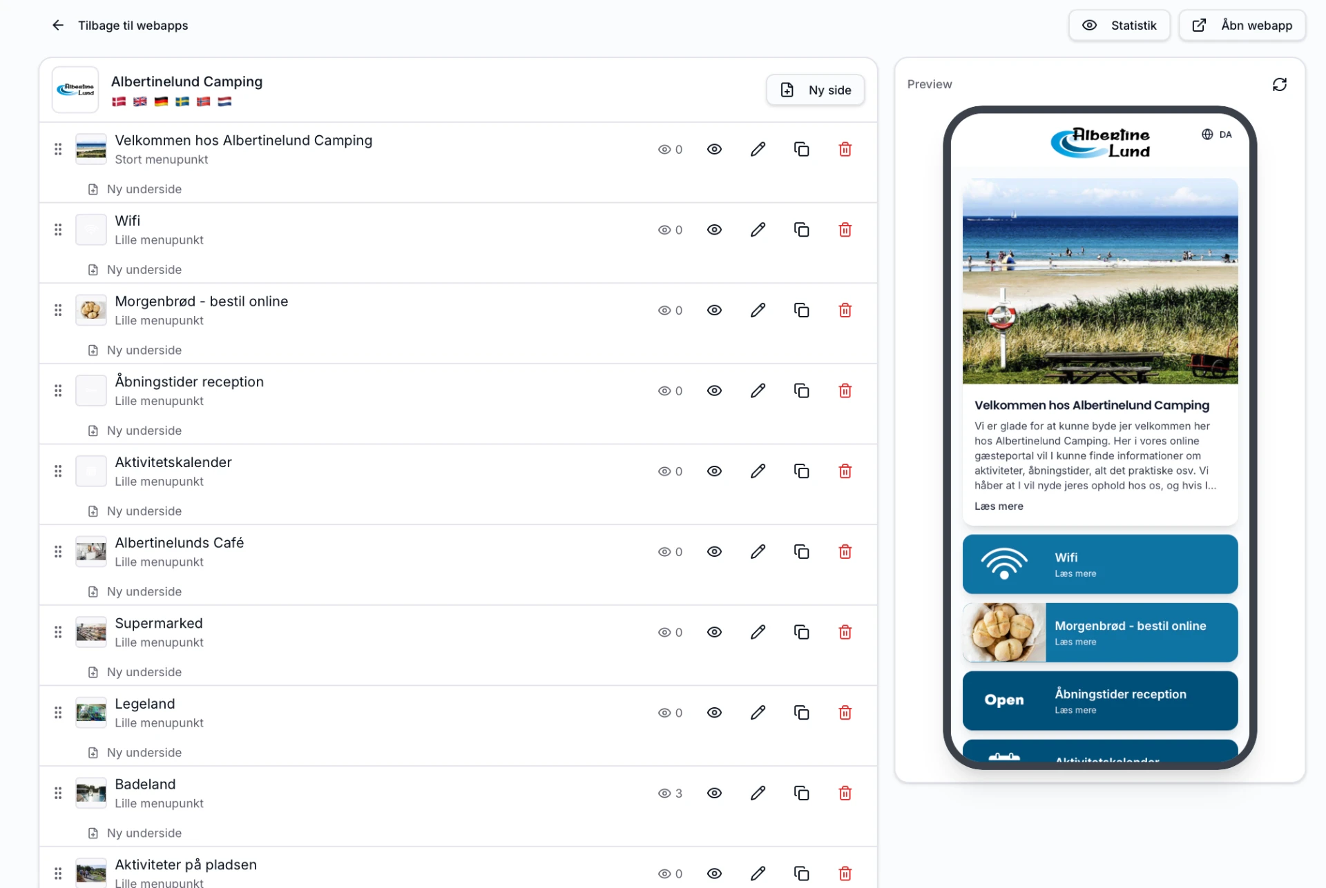 GoVisit backend med sideoversigt og live preview af webappen