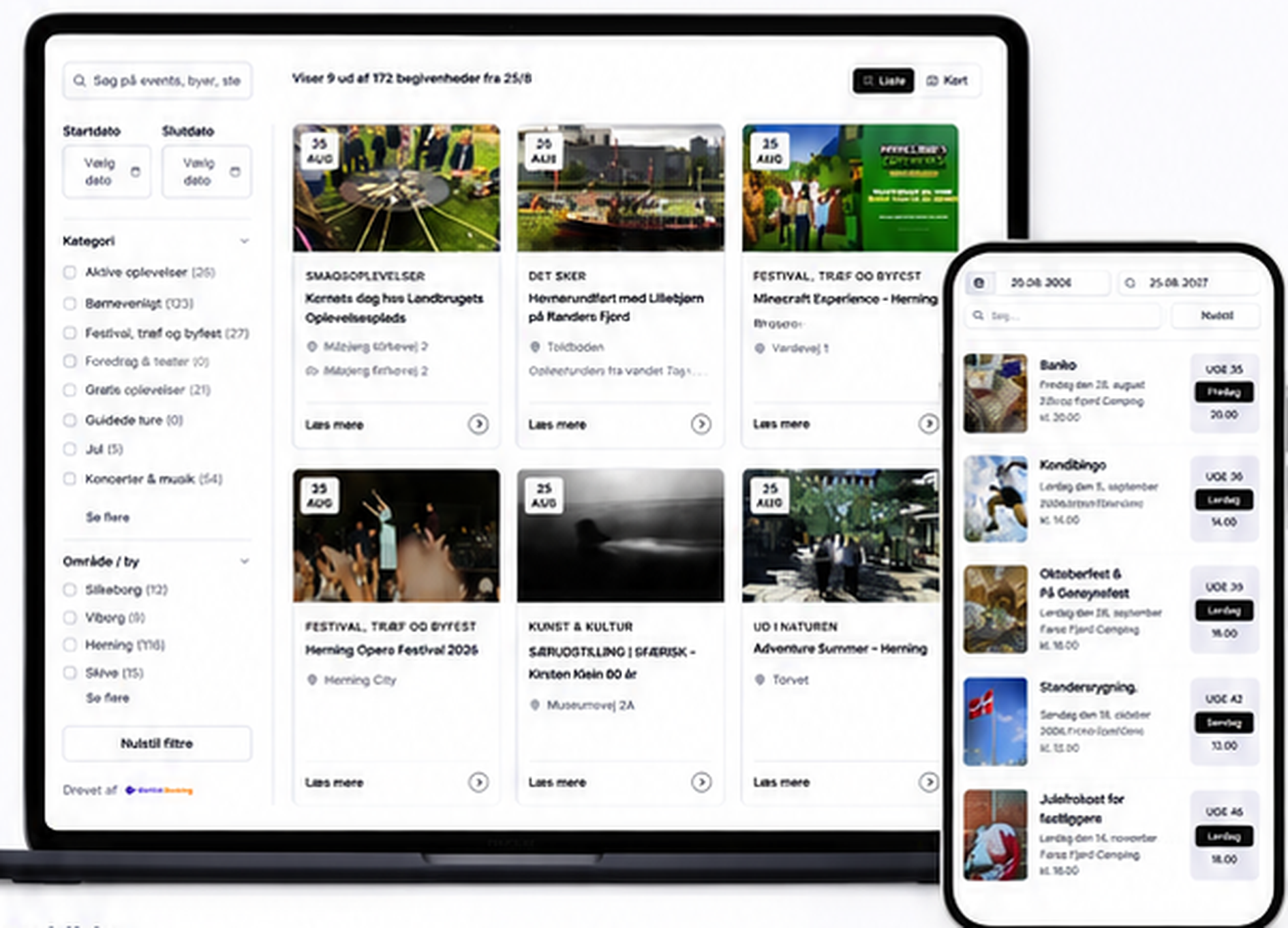 GoVisit Calendar vist på laptop og mobil med områdets begivenheder
