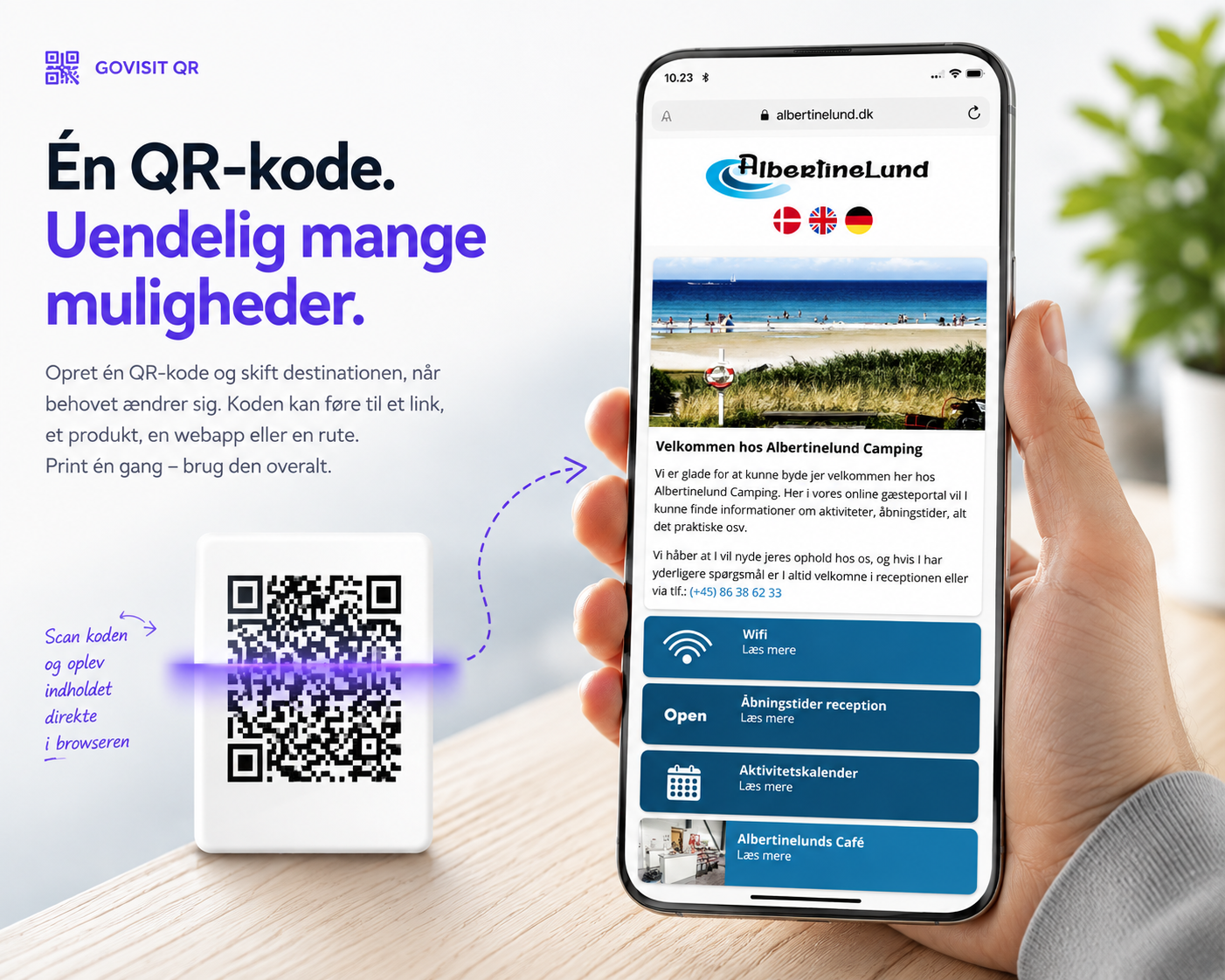 Én QR-kode der åbner en webapp med gæsteinformation på en telefon