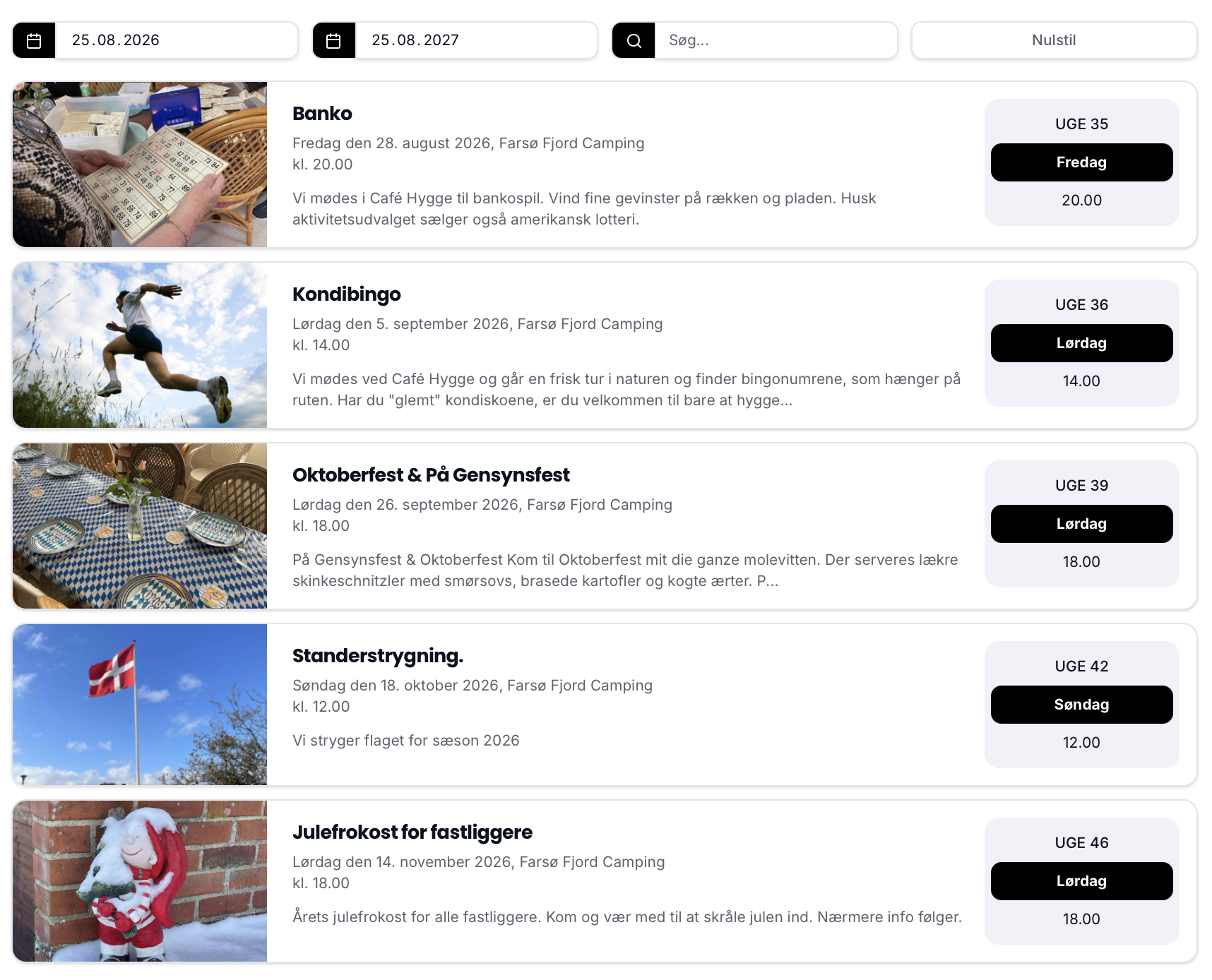 Listekalender med begivenheder, datofiltre og ugedags-badges