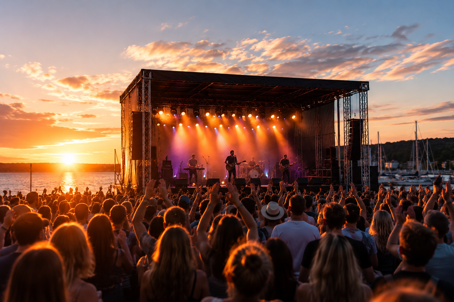 Sommerkoncert på havnen i solnedgang