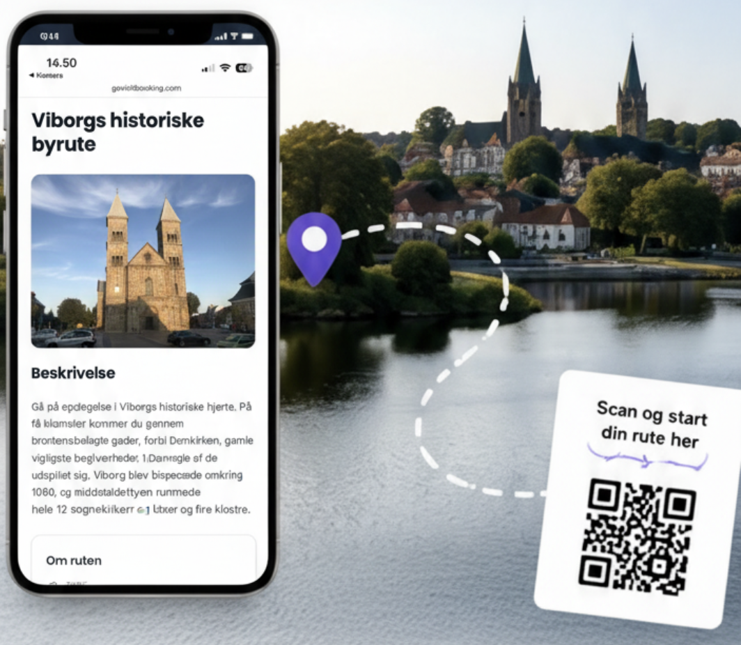 GoVisit rute vist på mobil med QR-kode og dansk by ved vandet